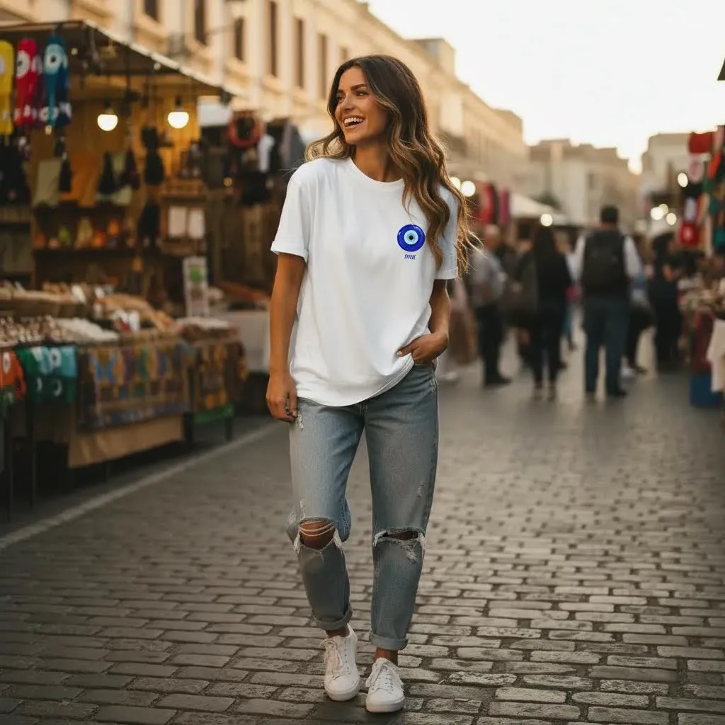 Evil Eye Women's Oversized Tee – White Edition